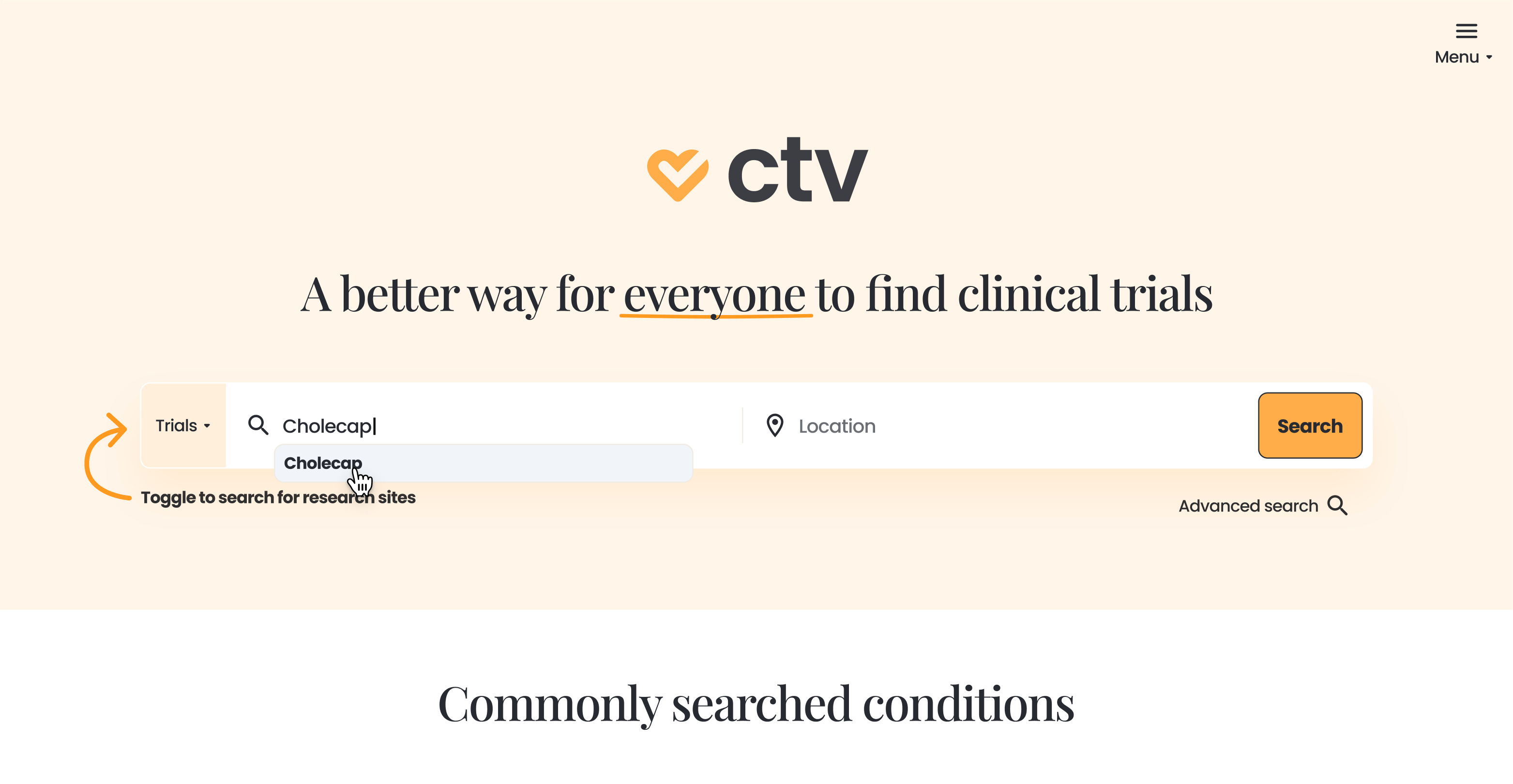 Screenshot of clinical trials search