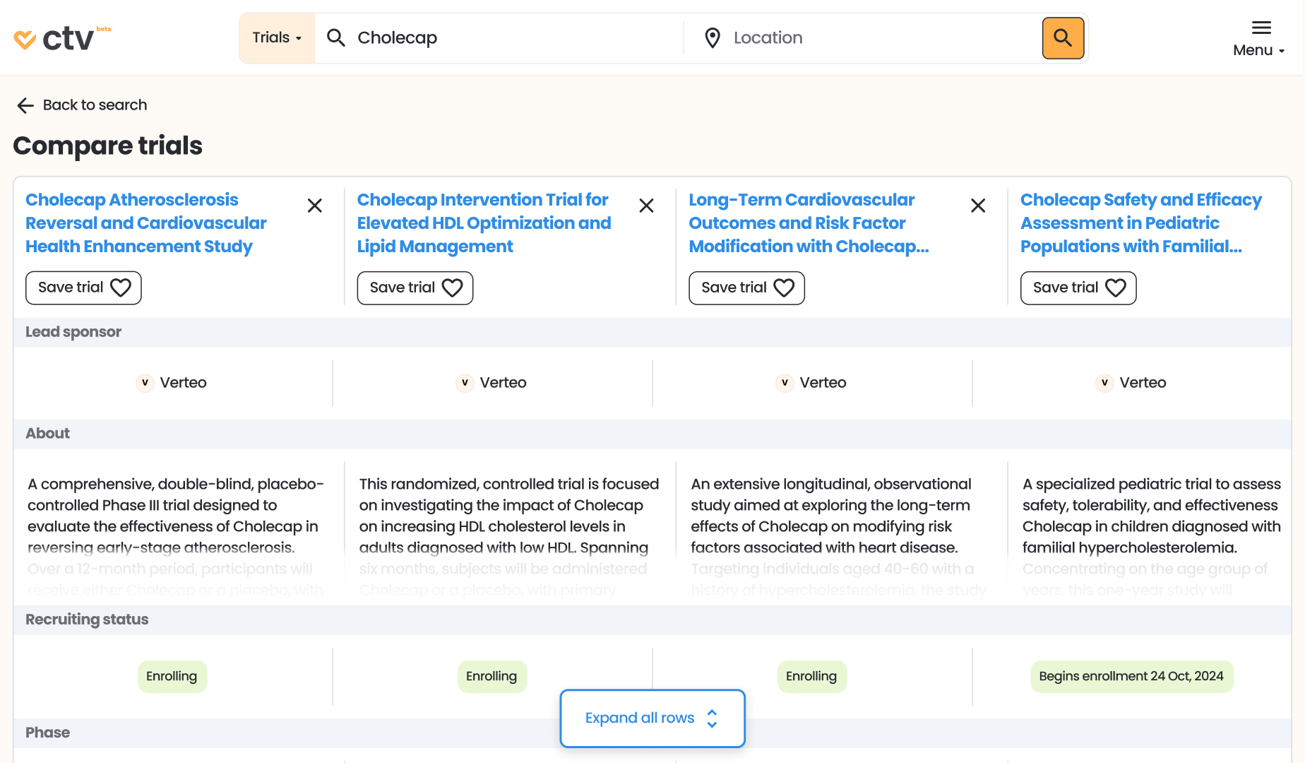 Screenshot of comparing trials on CTV