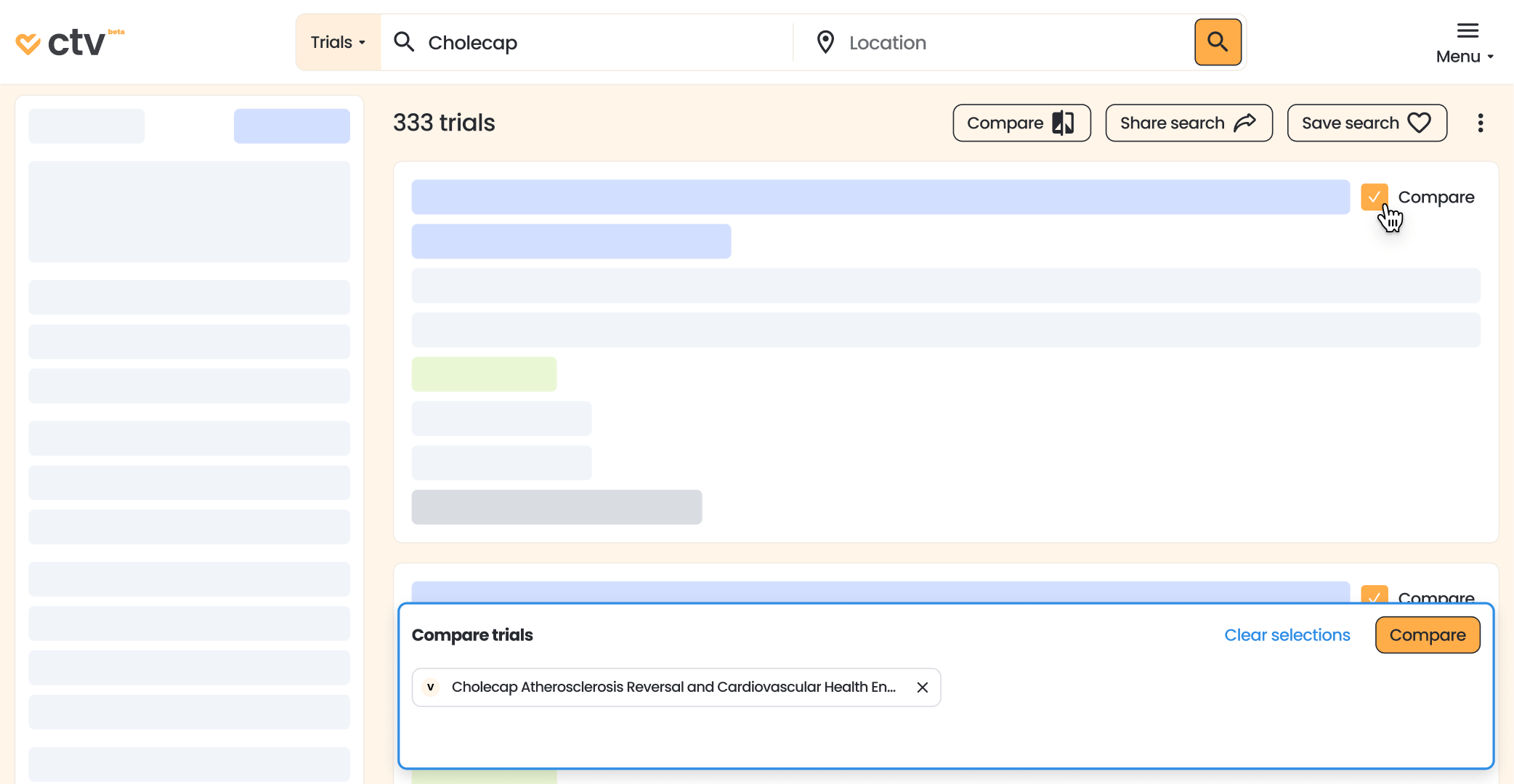 Screenshot of selecting trials to compare