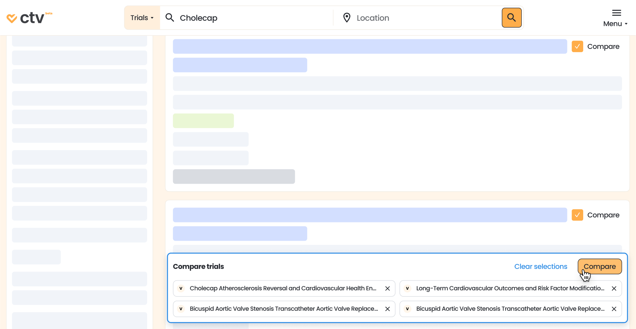 Screenshot of selected trials